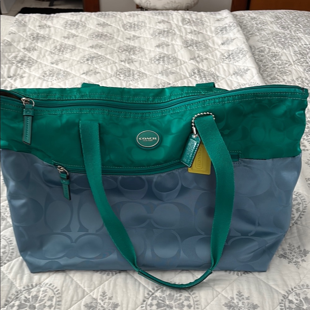 Coach Green and Blue Tote Bag with Dual Handles and Zipper Closure